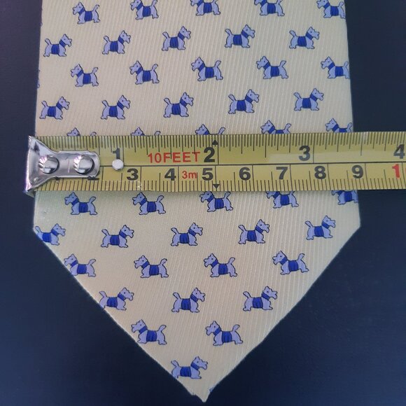 Scottie Dog Repeating Pattern Soft Yellow with Blue & White- Men's Tie 100% Silk - Picture 8 of 9
